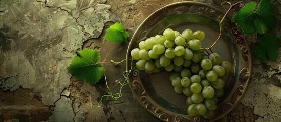 Wall Mural - Plate with juicy green grapes and foliage on weathered grunge background perfect as a copy space image