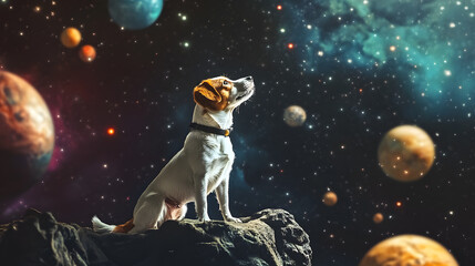 Wall Mural - Dog Astronaut flying outer space among colorful planets and stars cartoon illustration