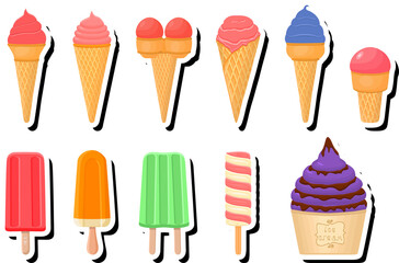 Wall Mural - Illustration on theme big kit ice cream popsicle different types in cone waffle cup