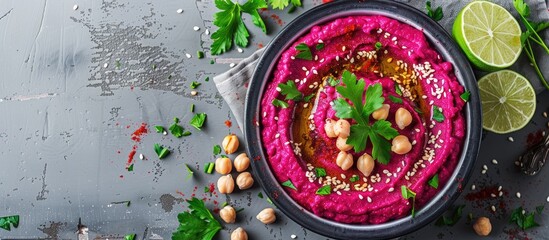 Poster - Bowl of flavorful beet hummus with chickpeas garnished with lime and parsley on a textured grey tabletop in a flat lay composition with room for text in the image. Creative banner. Copyspace image
