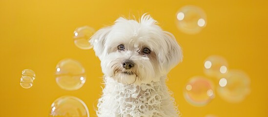 Poster - Maltese dog with soap bubbles on a yellow backdrop perfect for a copy space image