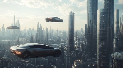 Wall Mural - Futuristic city skyline with flying cars.