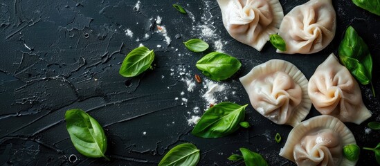 Aufkleber - Dumplings and basil displayed on a black surface with copy space image