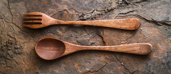 Aufkleber - Wooden spoon and fork set displayed on a textured brown surface providing space for adding an image viewed from the top. Creative banner. Copyspace image