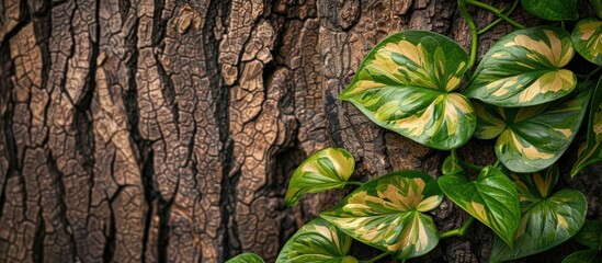 Fototapete - Nature s art Golden pothos leaves of liana scindapsus against a rustic tree bark background perfect for a copy space image