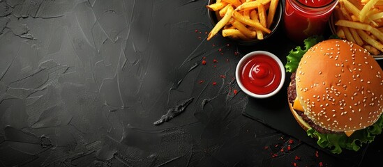 Sticker - Top view of a fast food burger menu with fries and ketchup on a black background including a copy space image