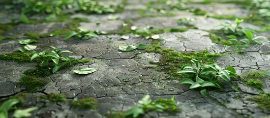Fototapete - A moss covered cracked cement floor with scattered plant leaves offers a natural setting for a copy space image