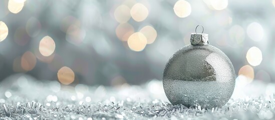 Leinwandbilder - Christmas bauble in silver against a blurry background with bokeh effect ideal for a banner design with copy space image