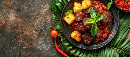 Canvas Print - Traditional Javanese dish Sambal Goreng Ati Kentang fried potatoes and chicken liver in a plate with copy space image