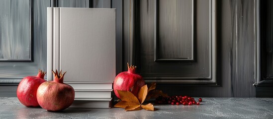 Aufkleber - Blank book covers with a copy space image are displayed on a table with a pomegranate fruit and against a silver wall