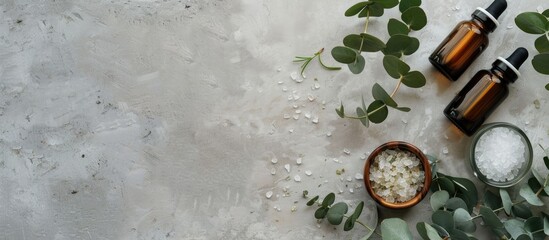 Poster - A flat lay display features aromatherapy products like essential oil bottles sea salt and eucalyptus branch on a grey background offering copy space image