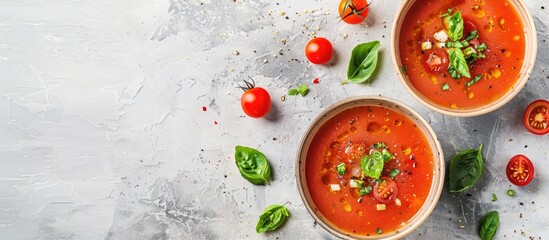 Poster - Top view of summer tomato gazpacho soup served in bowls on a light stone background with copy space image promoting a healthy food concept