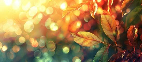 Poster - abstract background with blurry green and orange leaves providing copy space image