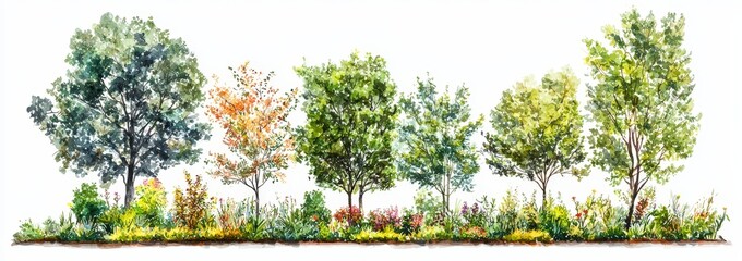Poster - An outline of a green park landscape with bushes and trees