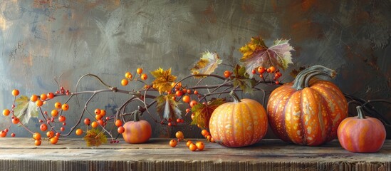 Sticker - Fall themed still life with pumpkins and berries on a rustic wooden backdrop showcasing a vibrant scene with copy space image