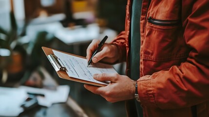 Poster - A professional person standing at a desk in an office holding a clipboard and making notes  The image represents the concept of business document writing report analysis strategic planning