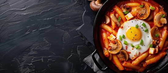 Aufkleber - Top view of Tteokbokki Hot and spicy Topokki stick rice cakes with egg and mushrooms set against a black background with ample copy space image