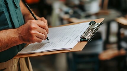 Poster - Photograph of a professional person holding a clipboard and making notes in an office or workplace setting representing tasks research data collection or business management