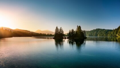 Wall Mural - lake scape and opposite shore forest at dawn