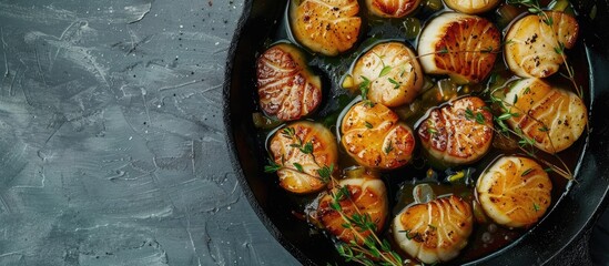 Aufkleber - Scallops cooked with garlic thyme and butter in a cast iron skillet with a gray background viewed from the top features ample copy space image