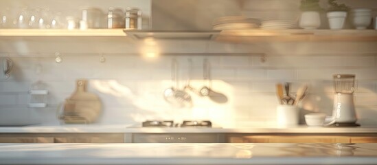 Aufkleber - Softly lit kitchen interior in beautiful blur great as a background with a white tone perfect for a copy space image