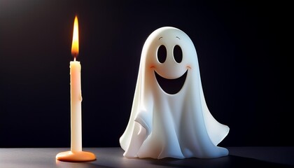 cute cartoon halloween ghost with burning candle on black background