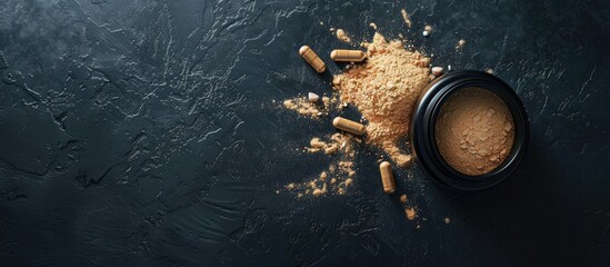 Aufkleber - BCAA amino acids supported by fitness supplements showcased on a dark background with a soft focus leaving ample copy space image