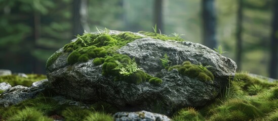 Poster - Mossy rock with green cedar covering and copy space image included