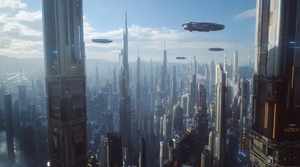 Wall Mural - Futuristic city with flying vehicles.