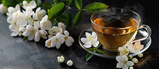 A cup of jasmine tea and fresh jasmine blooms against a black backdrop with available copy space image