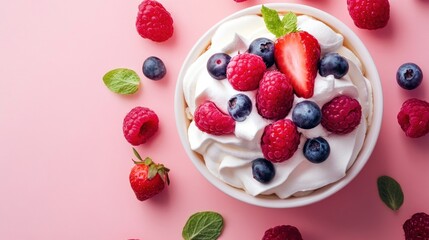 A white bowl filled with whipped cream and fresh raspberries, blueberries and a strawberry, surrounded by additional berries and mint leaves on a pink background.