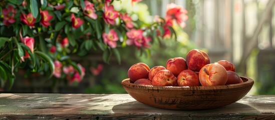 Outdoors on a wooden table a wooden bowl displays ripe nectarines against a backdrop of a terrace flower tree and ample copy space image