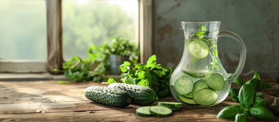 Wall Mural - Light wooden table with cucumber water jug and vegetables displayed providing copy space image