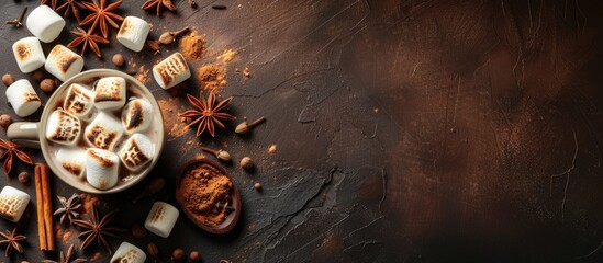 Poster - Copy space image of toasted marshmallows with mug and spices on a dark brown backdrop