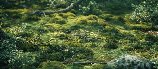 Fototapete - European forest showcasing moss covered branches on the forest floor with copy space image