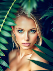 Wall Mural - Portrait of a blonde with natural beauty among the leaves of tropical trees. Spa pleasure, wellbeing lifestyle. Gorgeous closeup face, eyes lips of blonde girl. Sensual woman in nature. AI generated