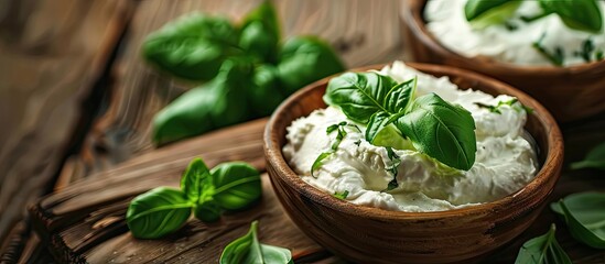 Aufkleber - Close up of fresh ricotta and basil on a rustic wooden table with ample copy space in the image