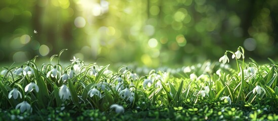 Poster - Springtime Easter background featuring white fresh snowdrops Galanthus blooming on a lush green meadow in a sunny garden ideal for a copy space image