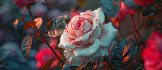 Poster - Close up of a fully bloomed big white and pink rose in a garden with copy space image