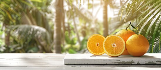 Canvas Print - A white wooden board showcases halved fresh oranges beside blurred palm trees in the garden offering ample copy space for decor or objects