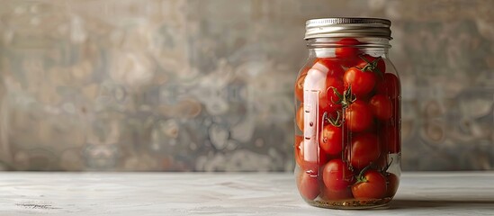 Poster - A jar filled with delectable pickled tomatoes on a light backdrop with room for a caption or copy space image
