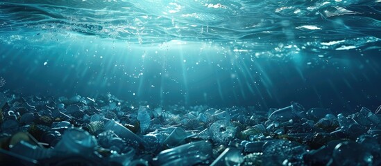 Poster - Plastic waste pollutant submerged underwater against a backdrop of the blue sea creating an environmental pollution concept with a copy space image