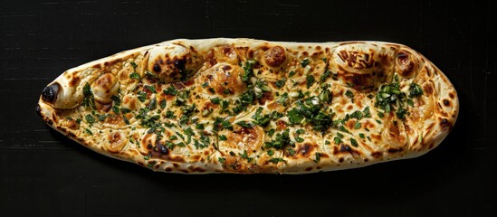 Poster - Top view of a Gozleme a Turkish flatbread filled with greens and cheese set against a black background perfect for copy space image