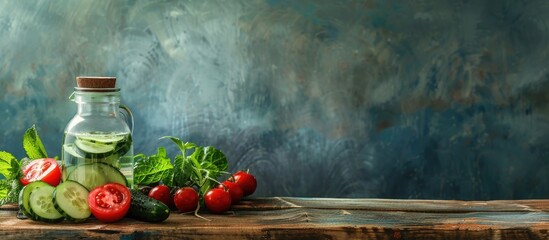 Poster - Light wooden table with cucumber water jug and vegetables displayed providing copy space image