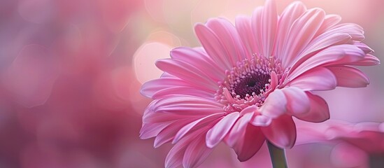 Poster - Focus on a pink flower up close with a blurred background offering ample space for a copy space image