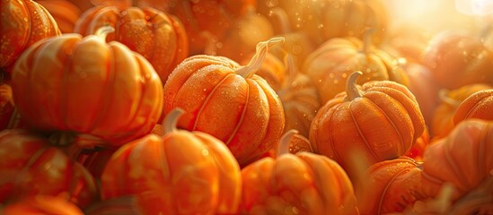 Poster - A close up copy space image featuring numerous vibrant orange gourds and pumpkins