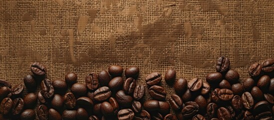 Poster - A textured surface of roasted coffee beans on a brown linen fabric backdrop is set as a flat lay with copy space image visible from a top view