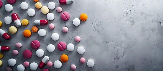Aufkleber - Medicinal treatment with numerous antibiotic pills displayed on a grey background in a top view setting with copy space image