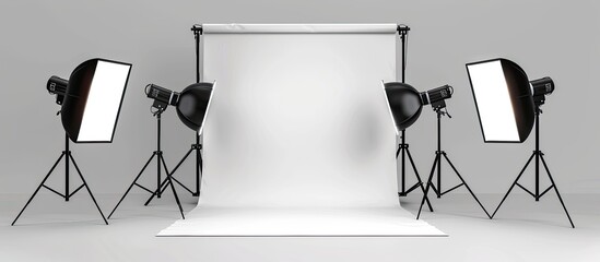 Poster - Studio setup with professional lighting equipment against a grey backdrop ideal for a copy space image