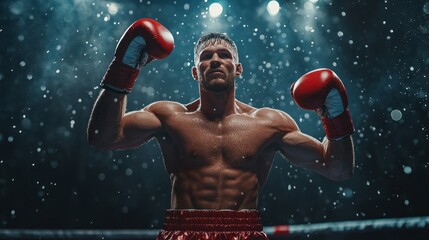 Wall Mural - A boxer is standing in a ring with his hands raised in the air